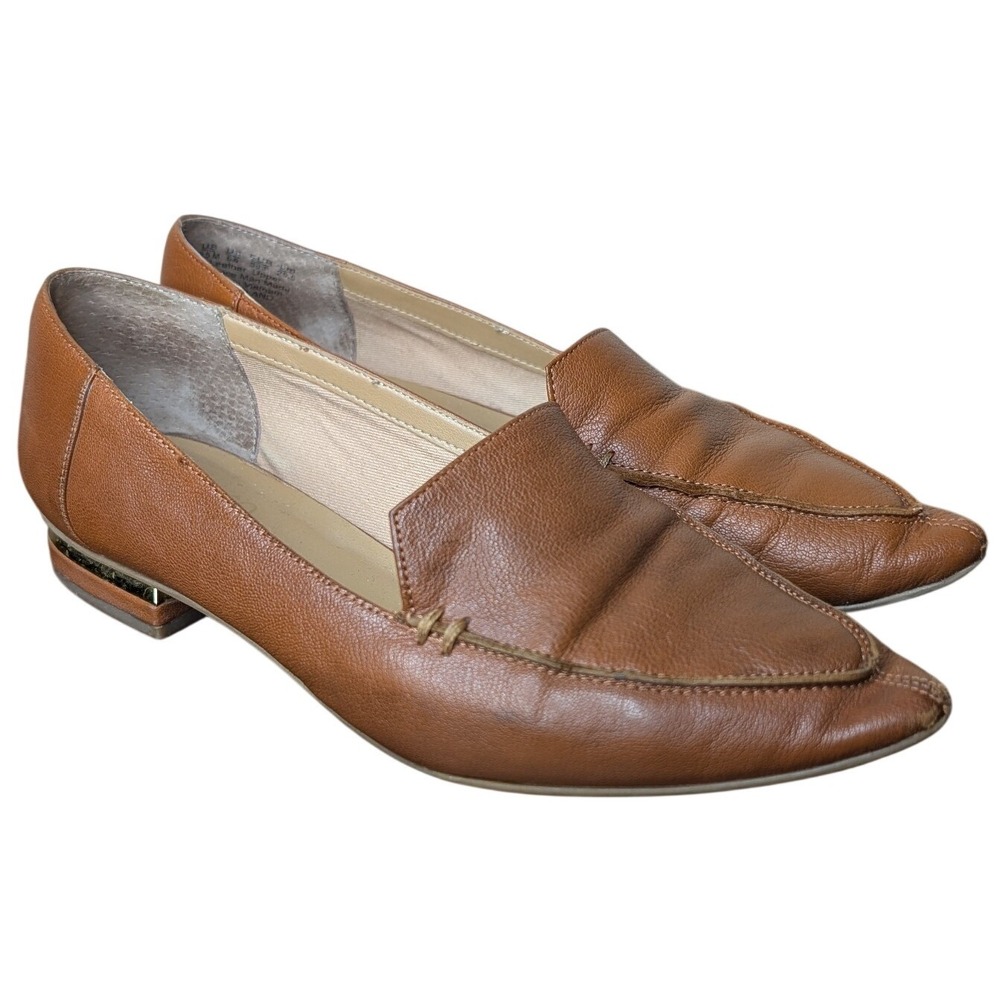 Franco Sarto 8.5 Brown Leather Slip On Pointed Toe Loafers Flats Gold Hardware